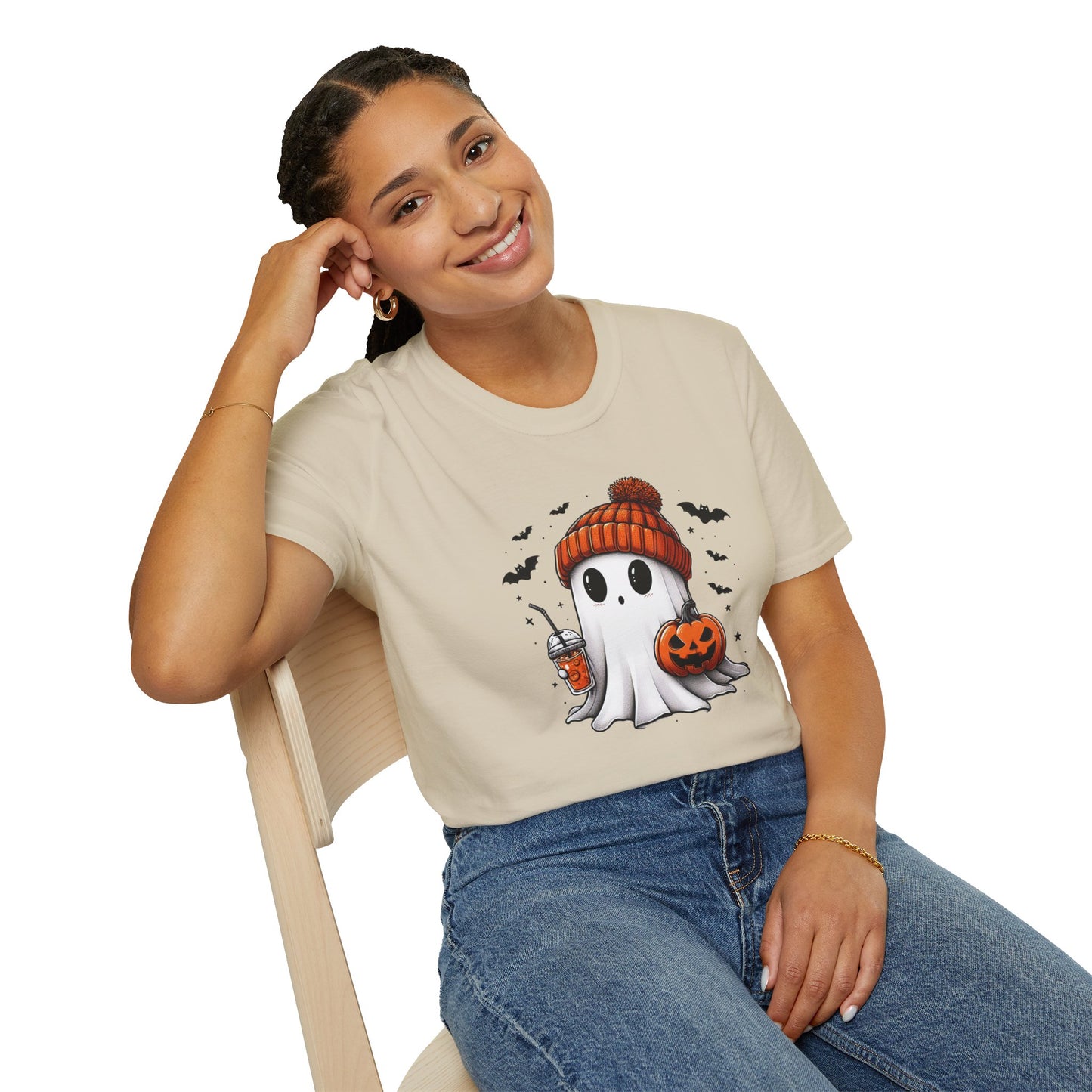 Trendy Bougie Ghost Halloween T-Shirt – Beanie, Iced Coffee & Pumpkin Design