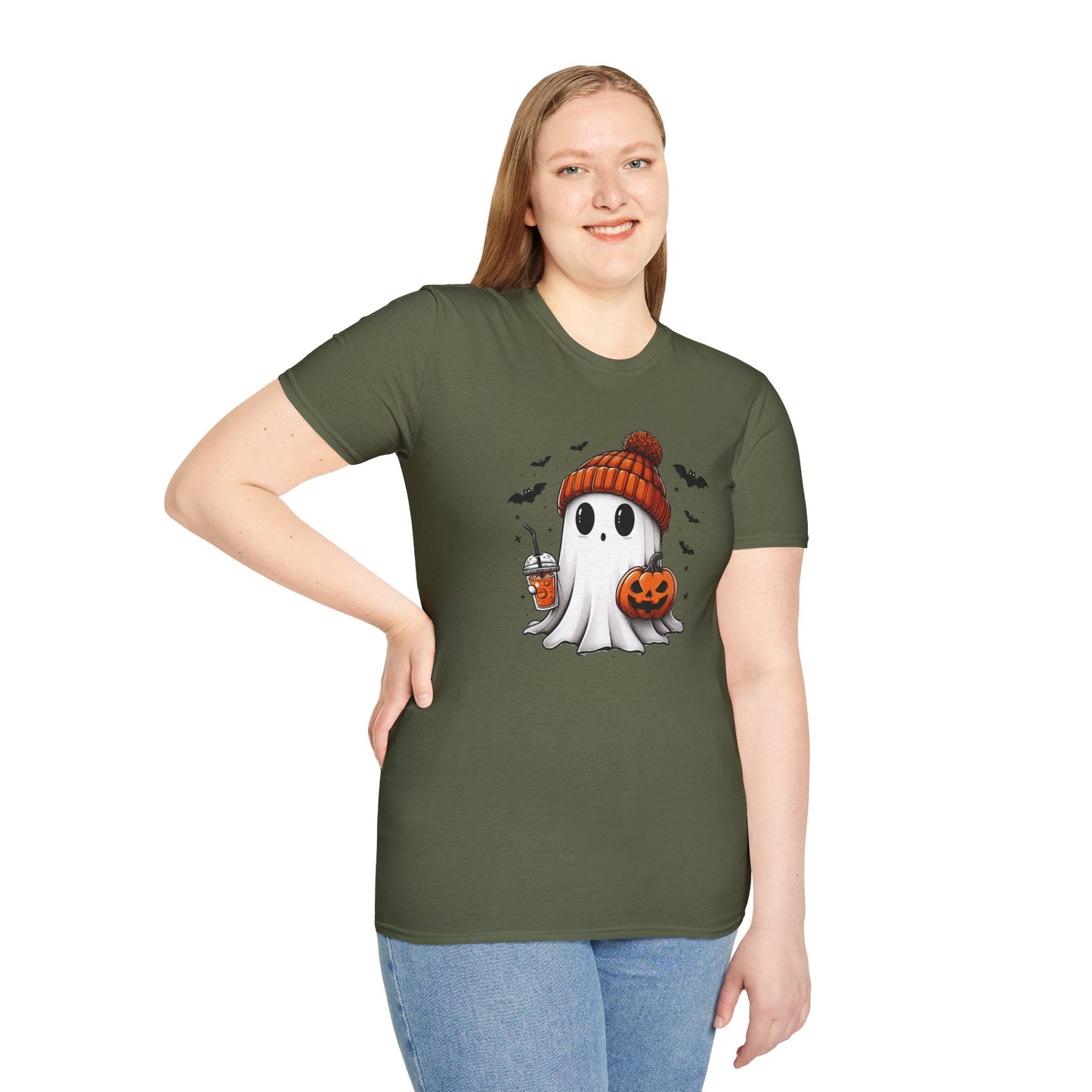 Trendy Bougie Ghost Halloween T-Shirt – Beanie, Iced Coffee & Pumpkin Design