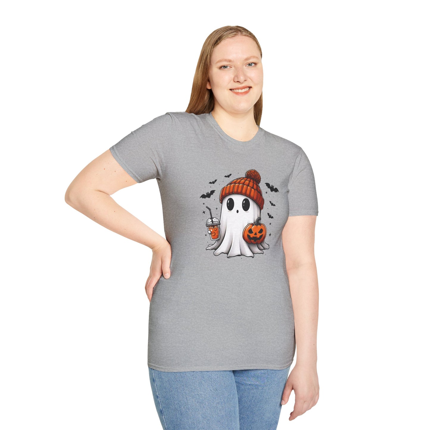 Trendy Bougie Ghost Halloween T-Shirt – Beanie, Iced Coffee & Pumpkin Design