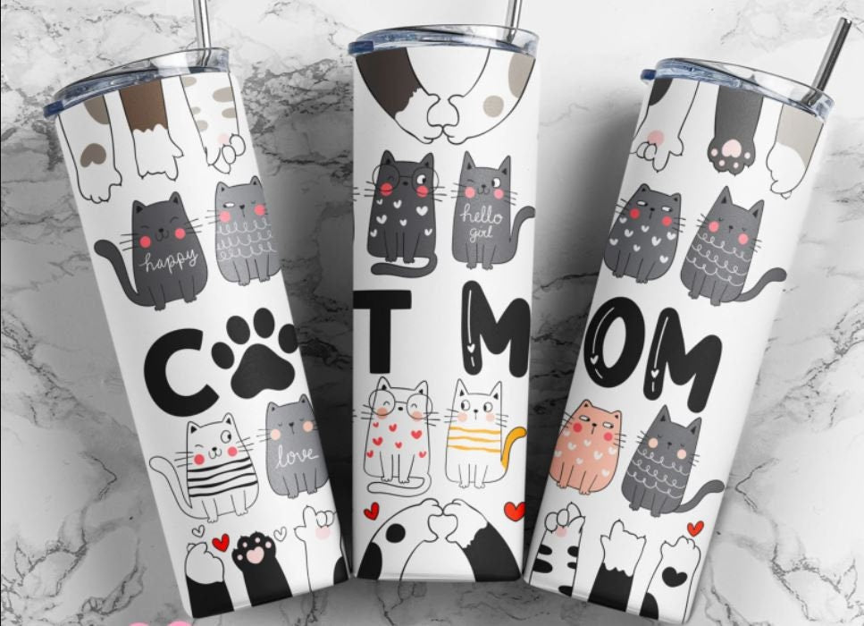 20 oz Skinny Tumbler, Cat Mom, Stainless Steel Tumbler
