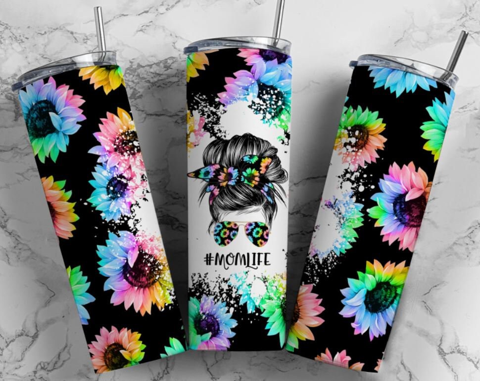 20 oz Skinny Tumbler, #momlife, Rainbow, Floral, Stainless Steel Tumbler