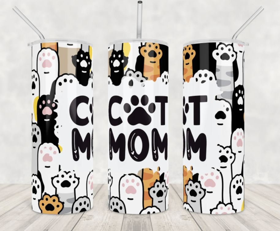 20 oz Skinny Tumbler, Cat Mom, Stainless Steel Tumbler