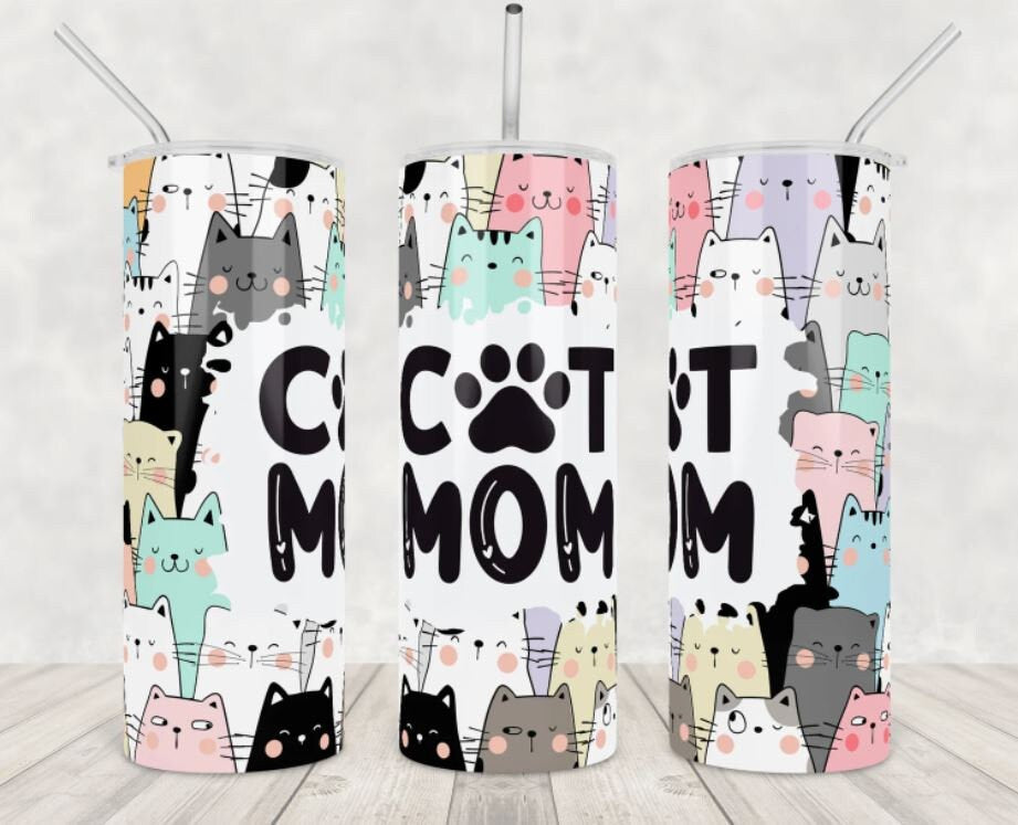 20 oz Skinny Tumbler, Cat Mom, Stainless Steel Tumbler