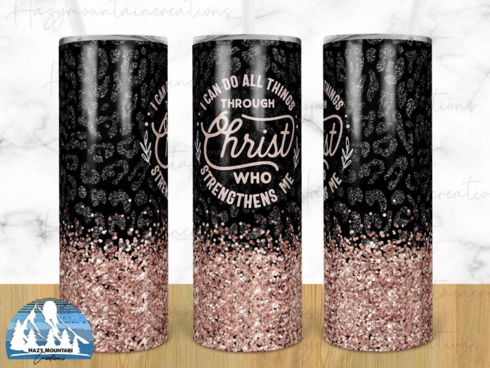 I can do all things through Christ who strengthens me, Black, Pink, Glitter, 20 oz. Stainless Steel Tumbler