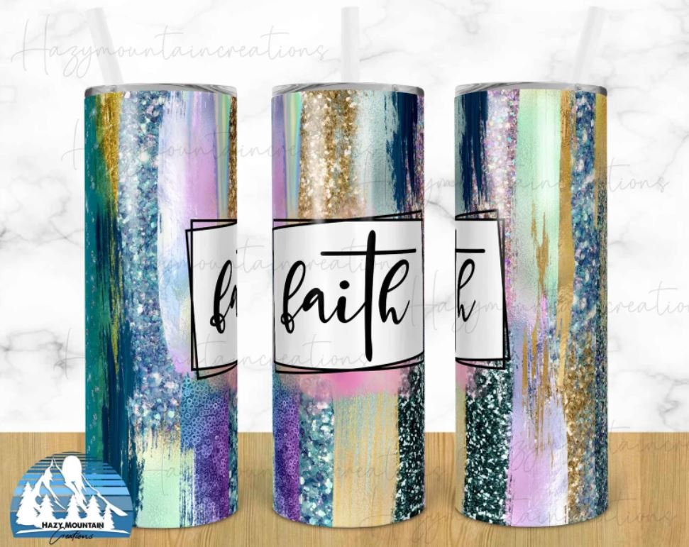 Faith, Pink, Green, Glitter, 20 oz. Stainless Steel Tumbler