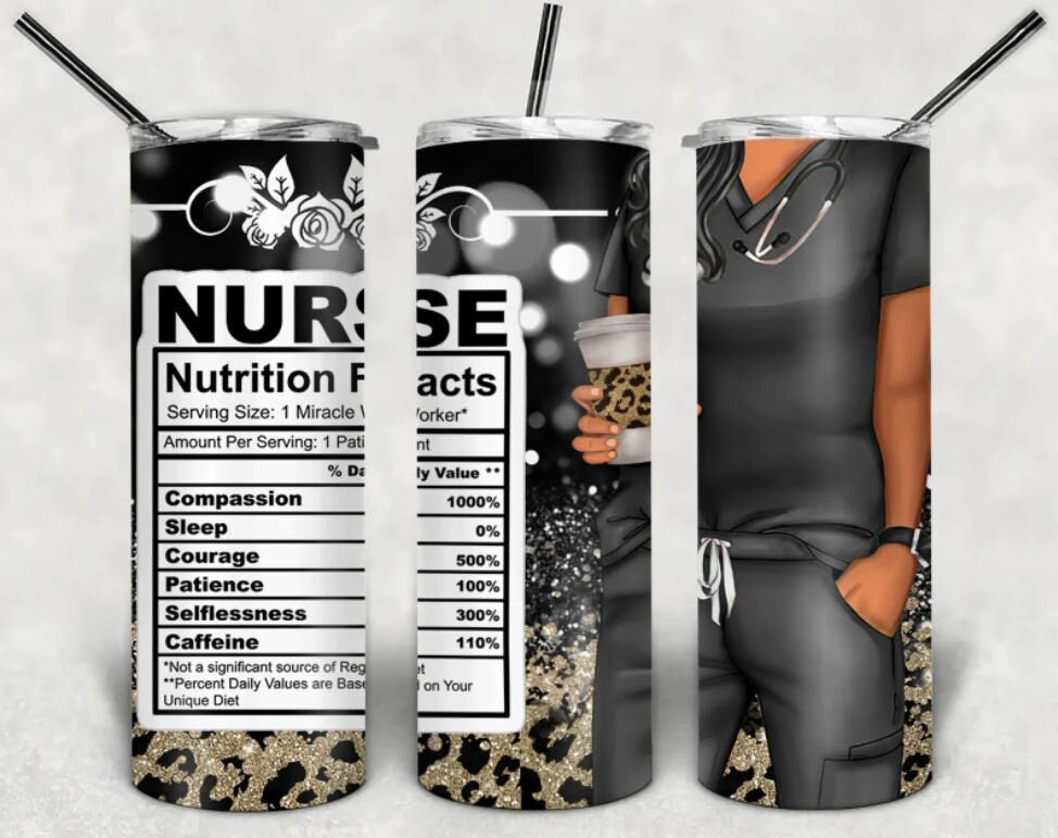 Personalized Nurse, Black, Leopard, Glitter, Nutrition Facts, 20 oz Stainless Steel Tumbler