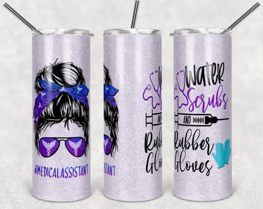 Medical Assistant Cup, Medical Assistant Gift, Medical Gift Tumbler, Messy Bun, Purple, Glitter, 20 oz. Stainless Steel Tumbler