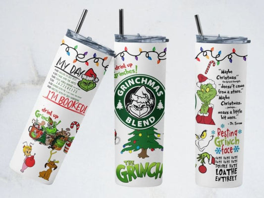 Grinchmas Blend, Grinch Christmas TumblerFamous Grinch Quotes, Grinch face, leopard print  20 oz., Stainless Steel Tumbler, Christmas gift