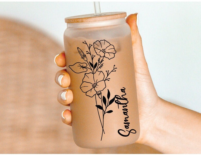 Personalized Birth Flower Coffee Cup, Personalized Ice Coffee Cup, Glass Cup, Birth Flower Cup, Gifts for Her, Mothers Day Gift
