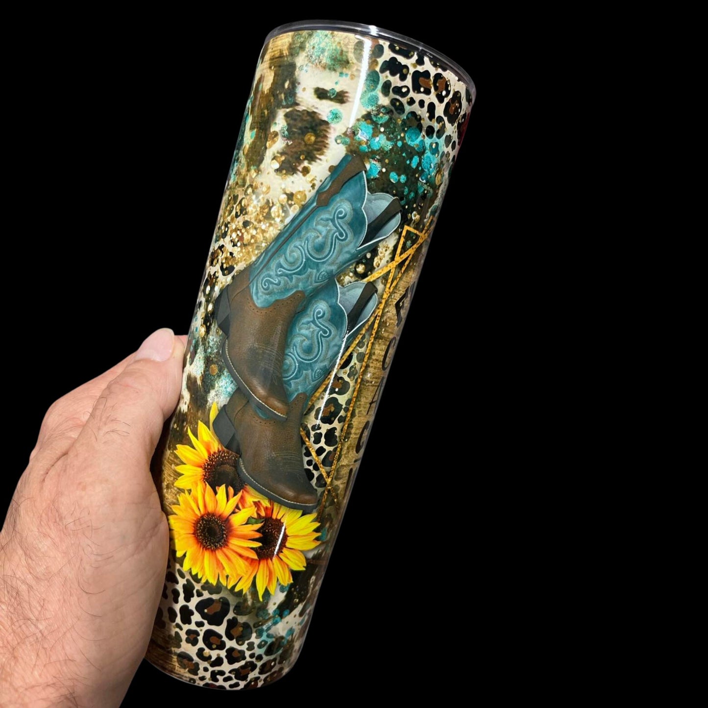 Fueled by Coffee and Country Music, Country Girl Tumbler, Western, Cowgirl tumbler, Country Girl Gift, Leopard print, 20 oz Skinny Tumbler