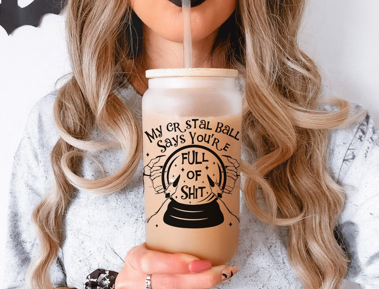 My Crystal Ball Full of Shit Glass Tumbler, Crystal Ball Tumbler, Halloween Gift, Iced Coffee Cup, Glass can, Bamboo Lid Cup, Gifts for Her