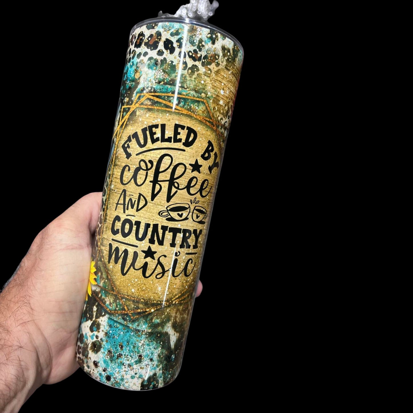 Fueled by Coffee and Country Music, Country Girl Tumbler, Western, Cowgirl tumbler, Country Girl Gift, Leopard print, 20 oz Skinny Tumbler