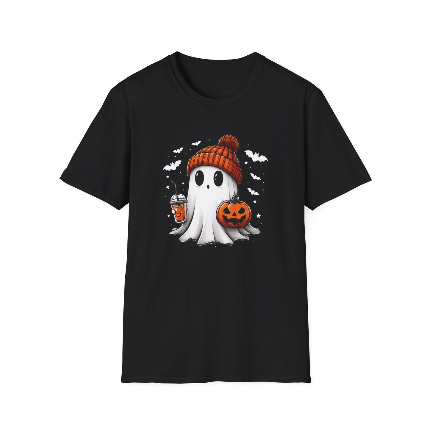 Trendy Bougie Ghost Halloween T-Shirt – Beanie, Iced Coffee & Pumpkin Design