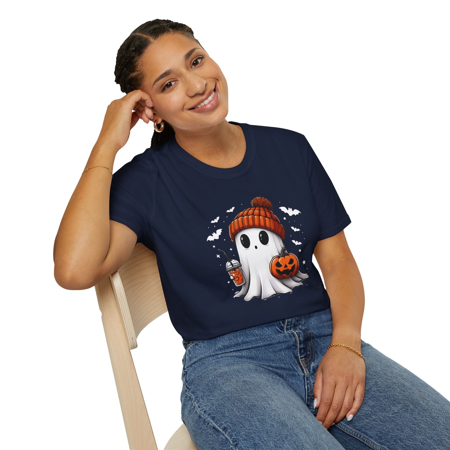 Trendy Bougie Ghost Halloween T-Shirt – Beanie, Iced Coffee & Pumpkin Design