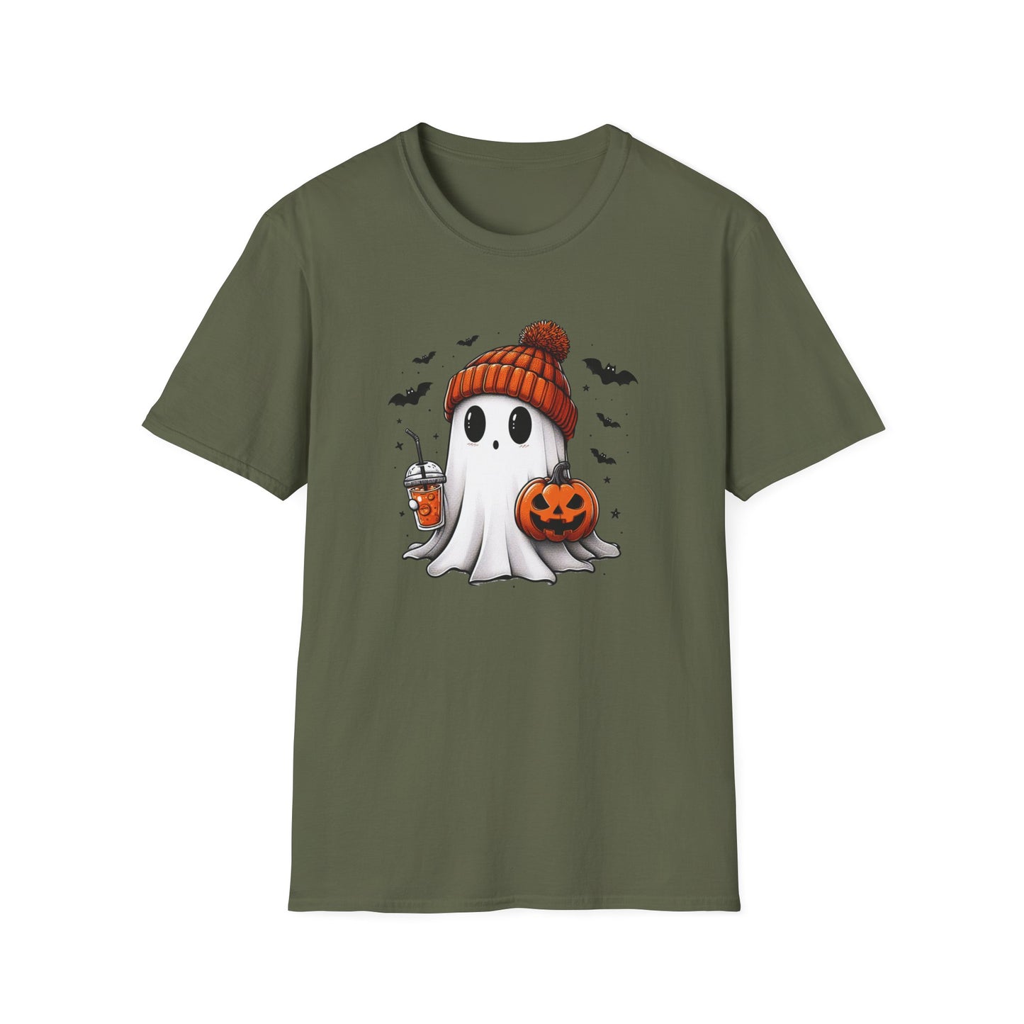 Trendy Bougie Ghost Halloween T-Shirt – Beanie, Iced Coffee & Pumpkin Design