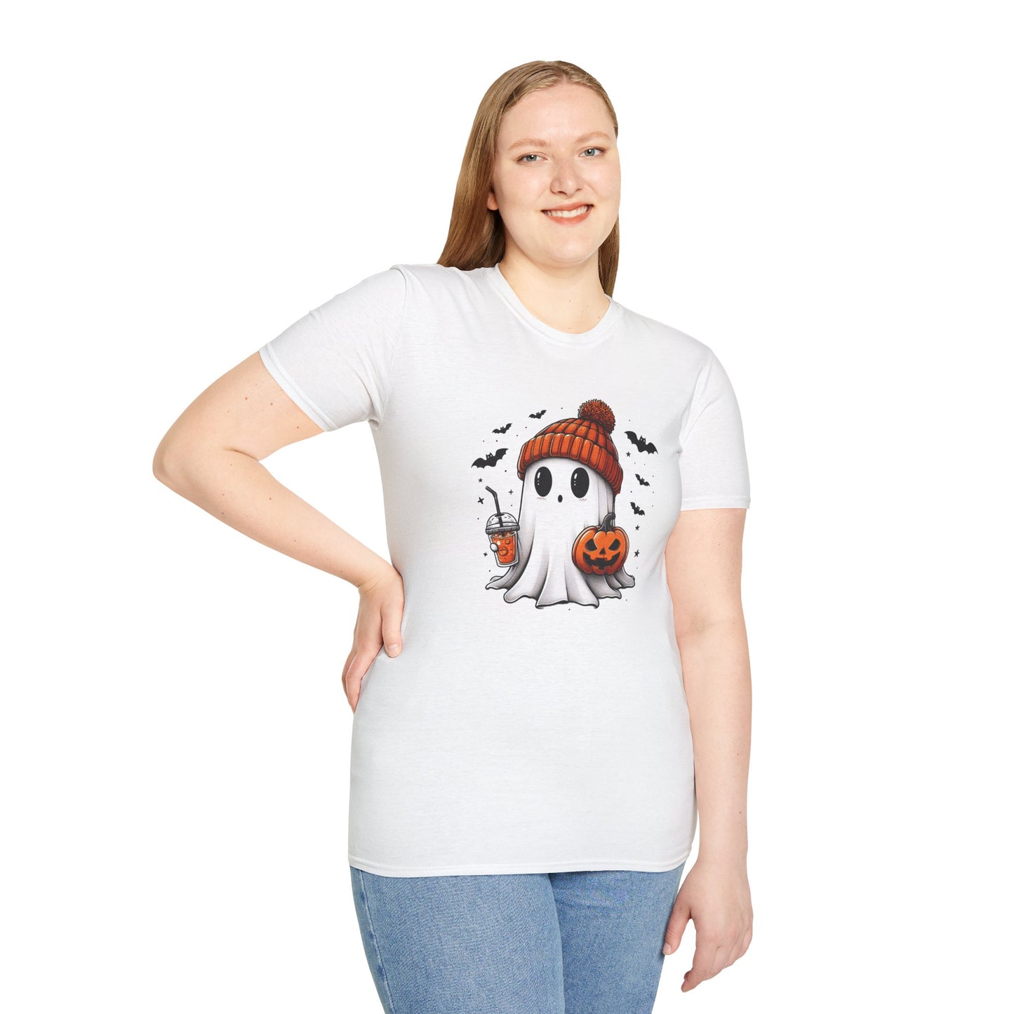 Trendy Bougie Ghost Halloween T-Shirt – Beanie, Iced Coffee & Pumpkin Design