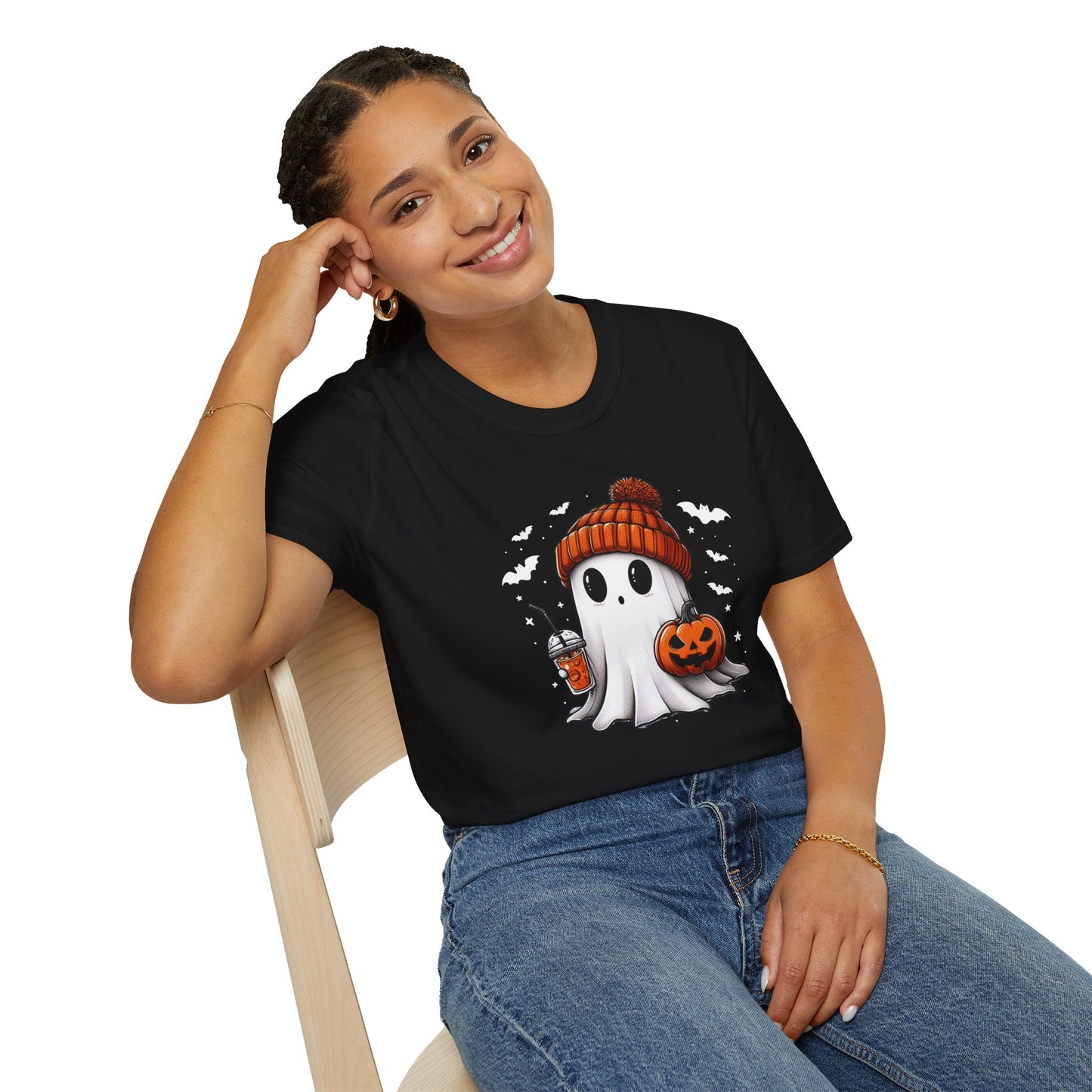 Trendy Bougie Ghost Halloween T-Shirt – Beanie, Iced Coffee & Pumpkin Design