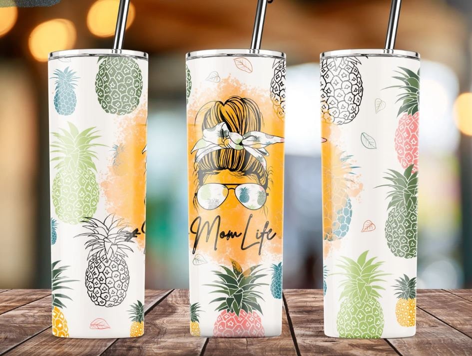 20 oz Skinny Tumbler, #momlife, Messy Bun, Pineapples, Stainless Steel Tumbler