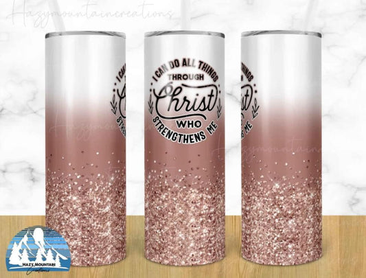 I can do all things through Christ who strengthens me, Pink, 20 oz. Glitter,Stainless Steel Tumbler