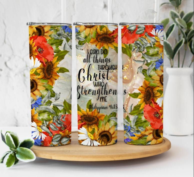 I can do all things through Christ who strengthens me, Philippians 4:13, Bible Verse cup, Leopard, Sunflowers, 20oz. Stainless Steel Tumbler