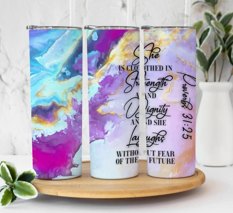 Proverbs 31:25, She is clothed in strength and dignity, Christian Bible Verse, Affirmation Cup, 20oz. Stainless Steel Tumbler