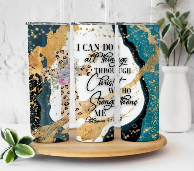 I can do all things through Christ who strengthens me, Philippians 4:13, Bible Verse Cup, Affirmation  Leopard, 20oz Stainless Steel Tumbler