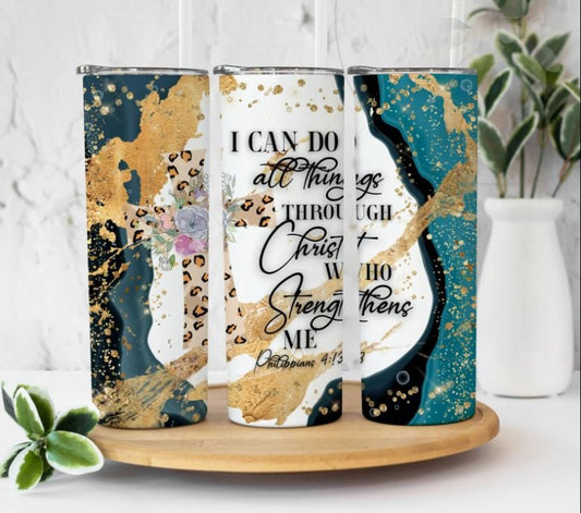 I can do all things through Christ who strengthens me, Philippians 4:13, Bible Verse Cup, Affirmation  Leopard, 20oz Stainless Steel Tumbler
