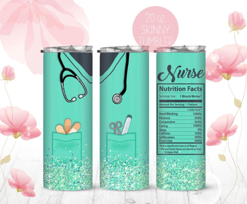20 oz Skinny Tumbler, Nurse, Green, Glitter, Nutrition Facts, Stainless Steel Tumbler