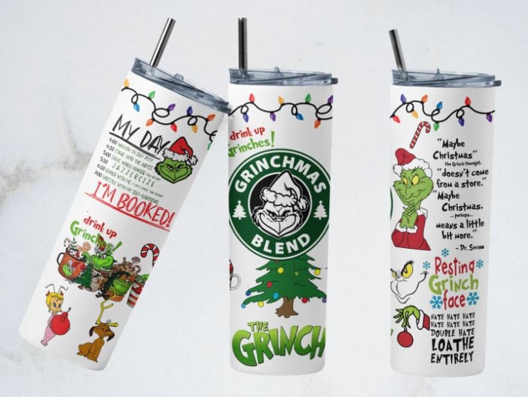 Grinchmas Blend, Grinch Christmas TumblerFamous Grinch Quotes, Grinch face, leopard print  20 oz., Stainless Steel Tumbler, Christmas gift