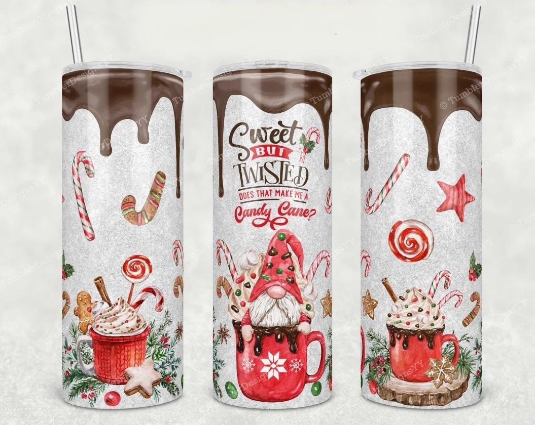 Gnome Sweet but Twisted, Does that make me a Candy Cane, Christmas Gift, 20 oz., Stainless Steel, Skinny Tumbler