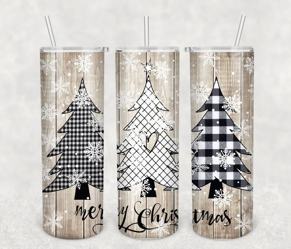 Merry Christmas, Black and White Plaid, Wooden, Christmas Tree,  20 oz. Stainless Steel Tumbler