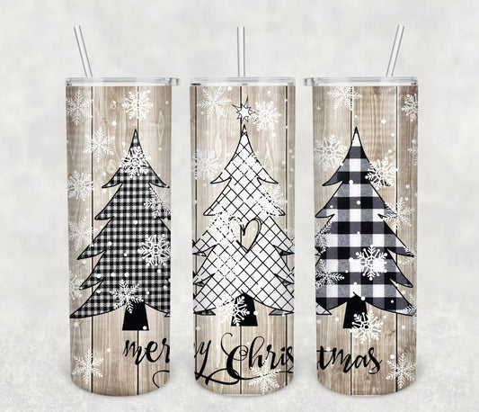 Merry Christmas, Black and White Plaid, Wooden, Christmas Tree,  20 oz. Stainless Steel Tumbler
