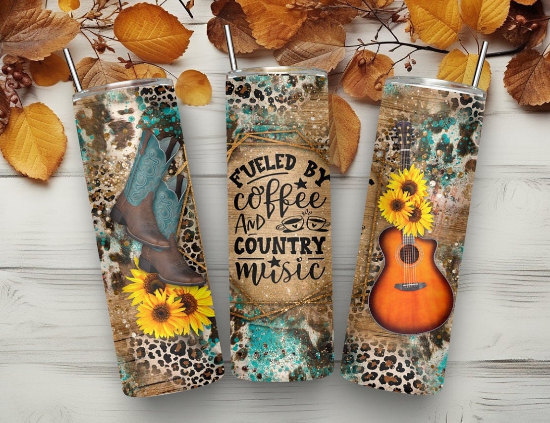 Fueled by Coffee and Country Music, Country Girl Tumbler, Western, Cowgirl tumbler, Country Girl Gift, Leopard print, 20 oz Skinny Tumbler
