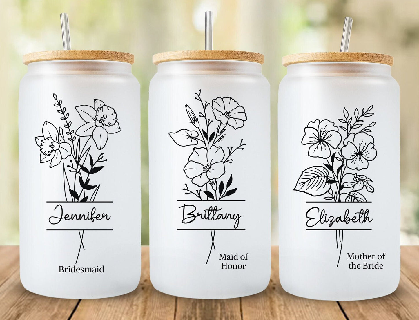 Personalized Bridesmaid Birth Flower Cup, Bridesmaid Proposal,  Bridal Party Gift, Glass Iced Coffee Cup, Gifts for Her, Mothers Day Gift