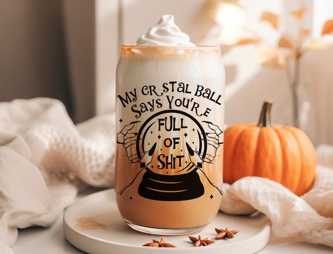 My Crystal Ball Full of Shit Glass Tumbler, Crystal Ball Tumbler, Halloween Gift, Iced Coffee Cup, Glass can, Bamboo Lid Cup, Gifts for Her