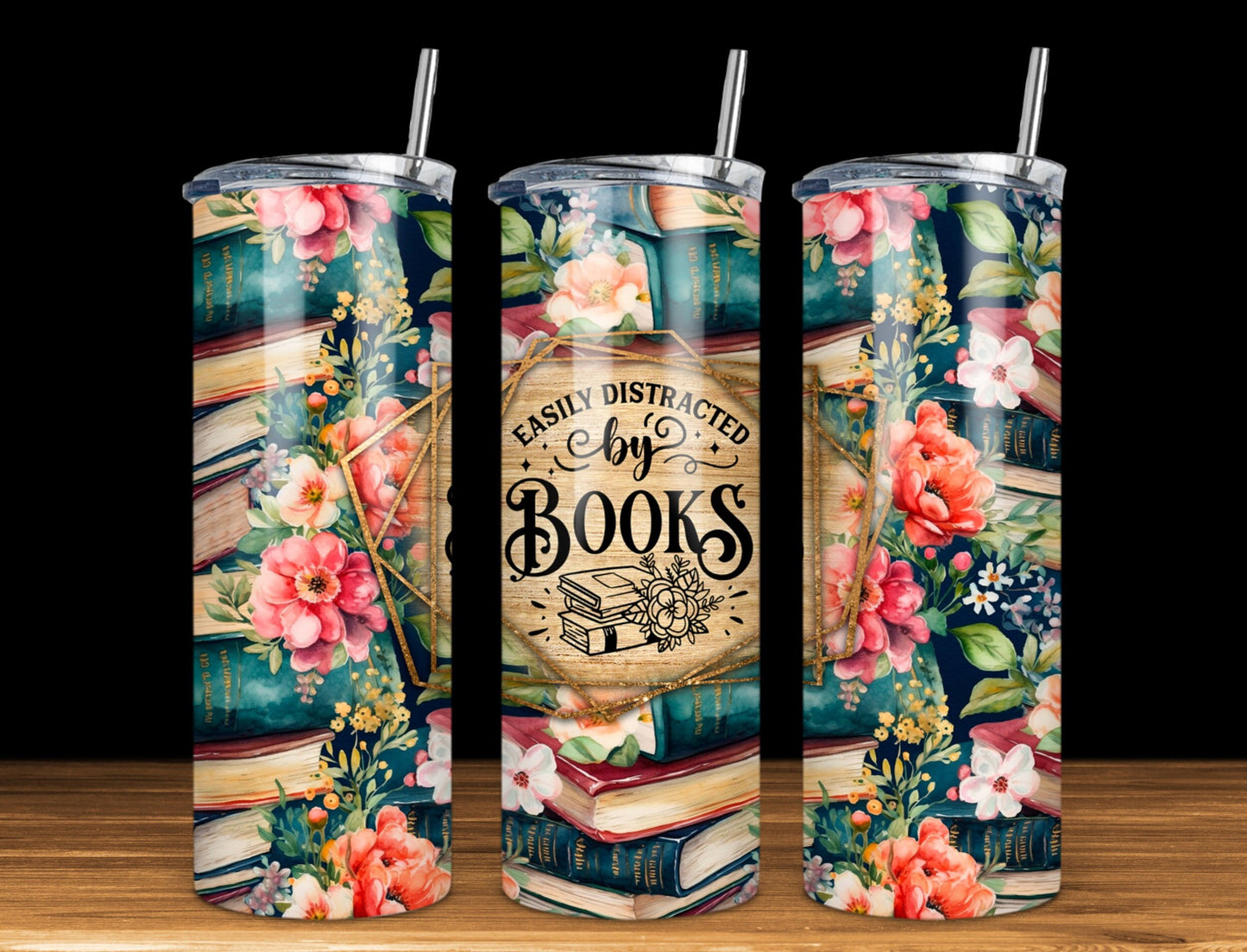 Easily Distracted by Books, Personalized Tumbler, Gift for Book Lover, Book Lover, 20 oz., stainless steel, skinny, tumbler
