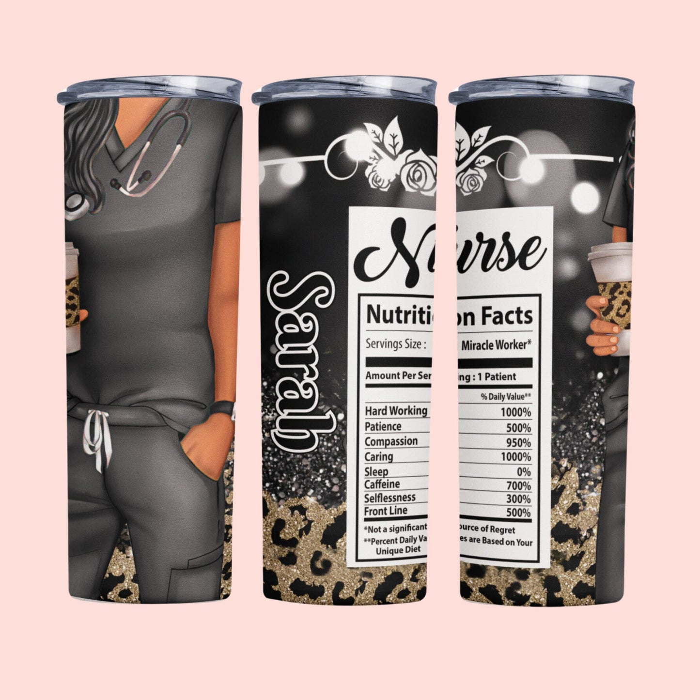 Personalized Nurse, Black, Leopard, Glitter, Nutrition Facts, 20 oz Stainless Steel Tumbler