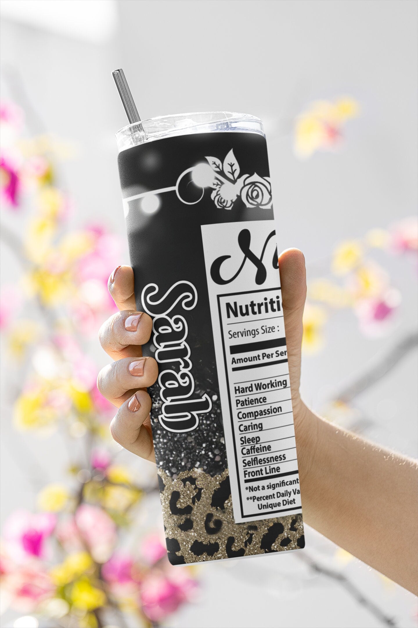 Personalized Nurse, Black, Leopard, Glitter, Nutrition Facts, 20 oz Stainless Steel Tumbler